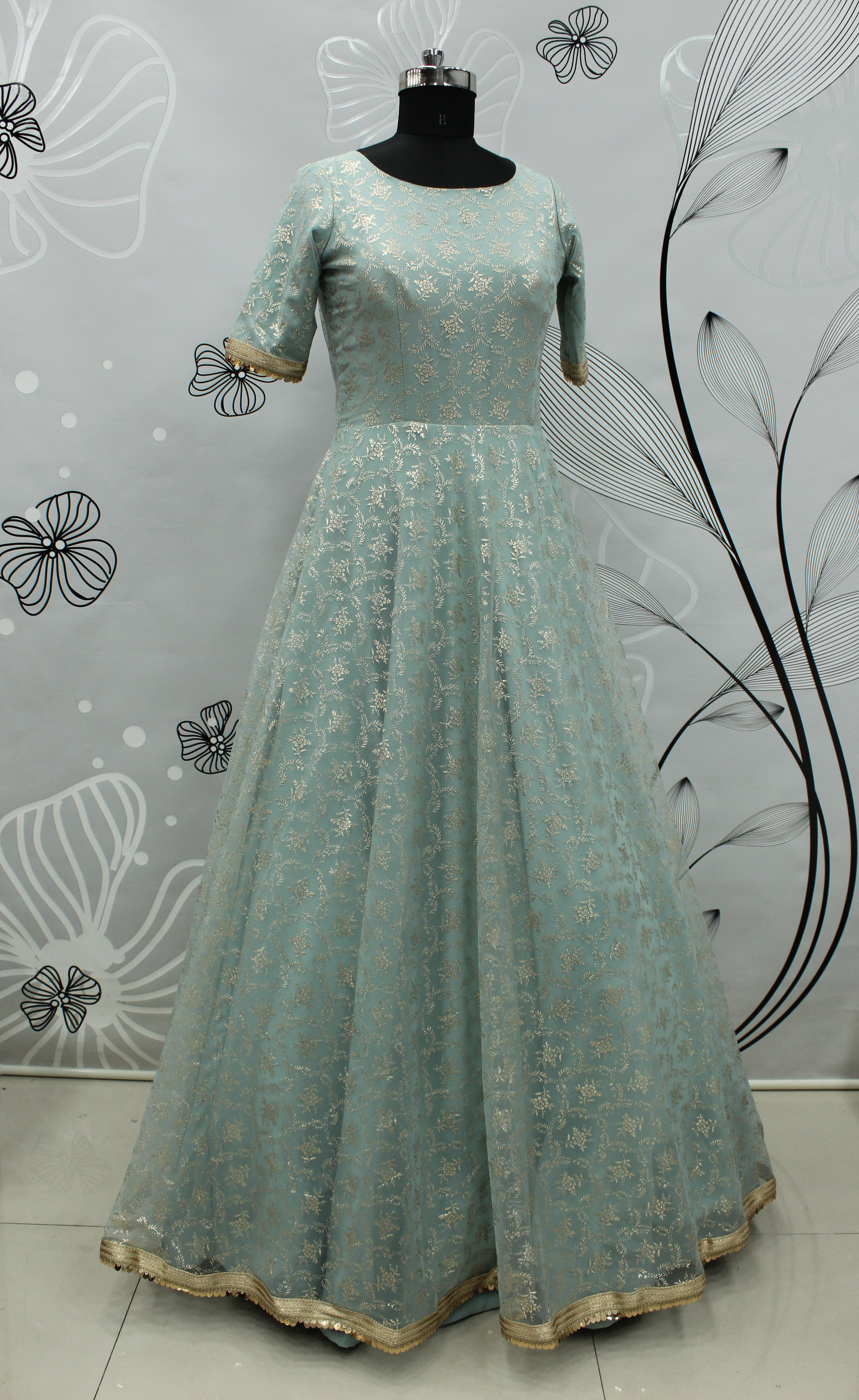 LIGHT GREEN FOILAGE PRINT NET EVENING LONG GOWN SEMI STITCHED